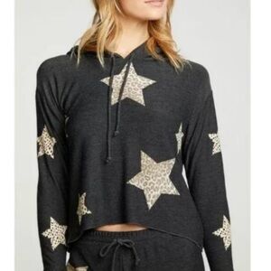 Chaser Leopard Animal Print  Star Print Gray Hoodie Women’s Size XS Cropped